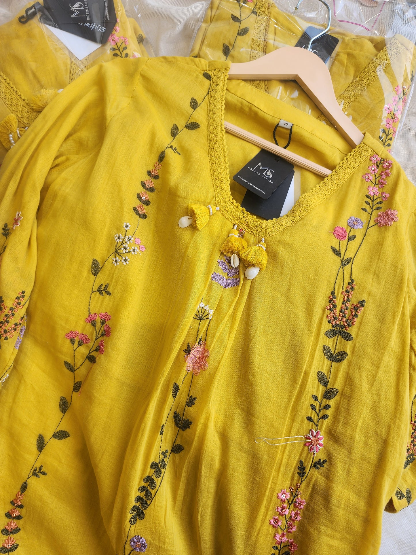 Yellow mull cotton embroided A line suit