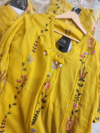 Yellow mull cotton embroided A line suit