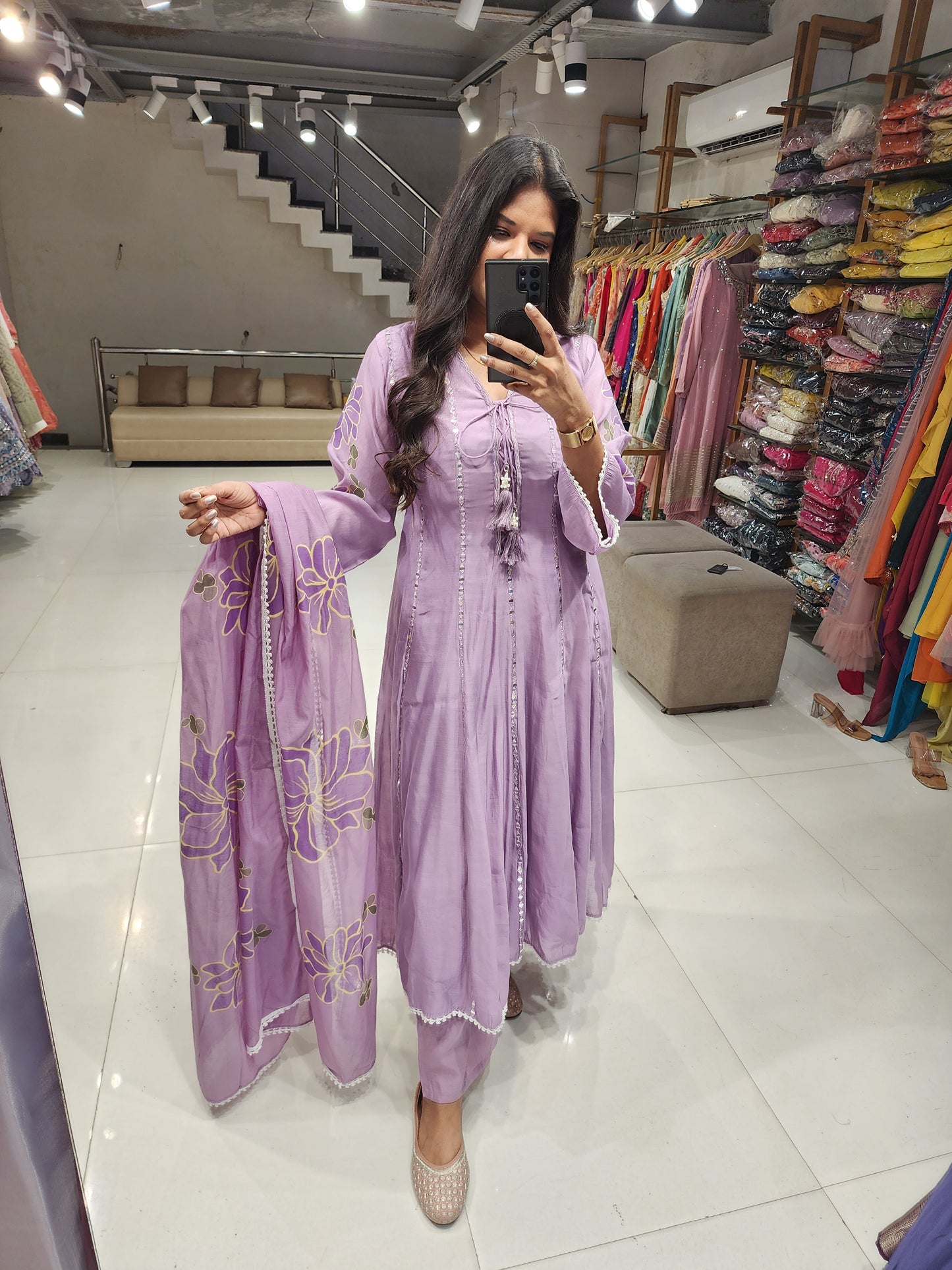 Lavender anarkali airport look suit
