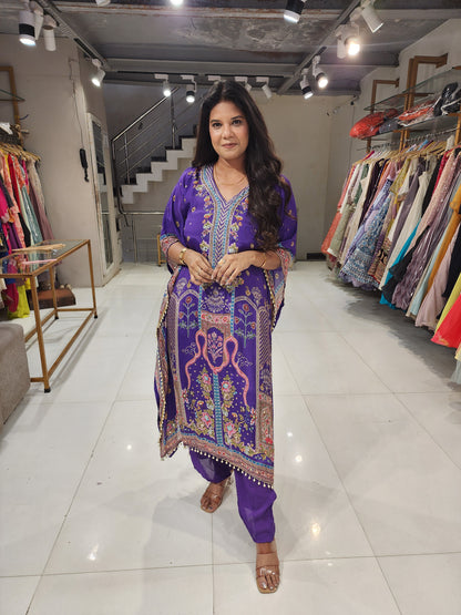 Purple printed crepe kaftaan set