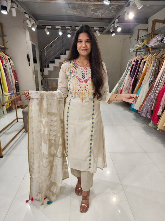 A line embroided jamdani suit