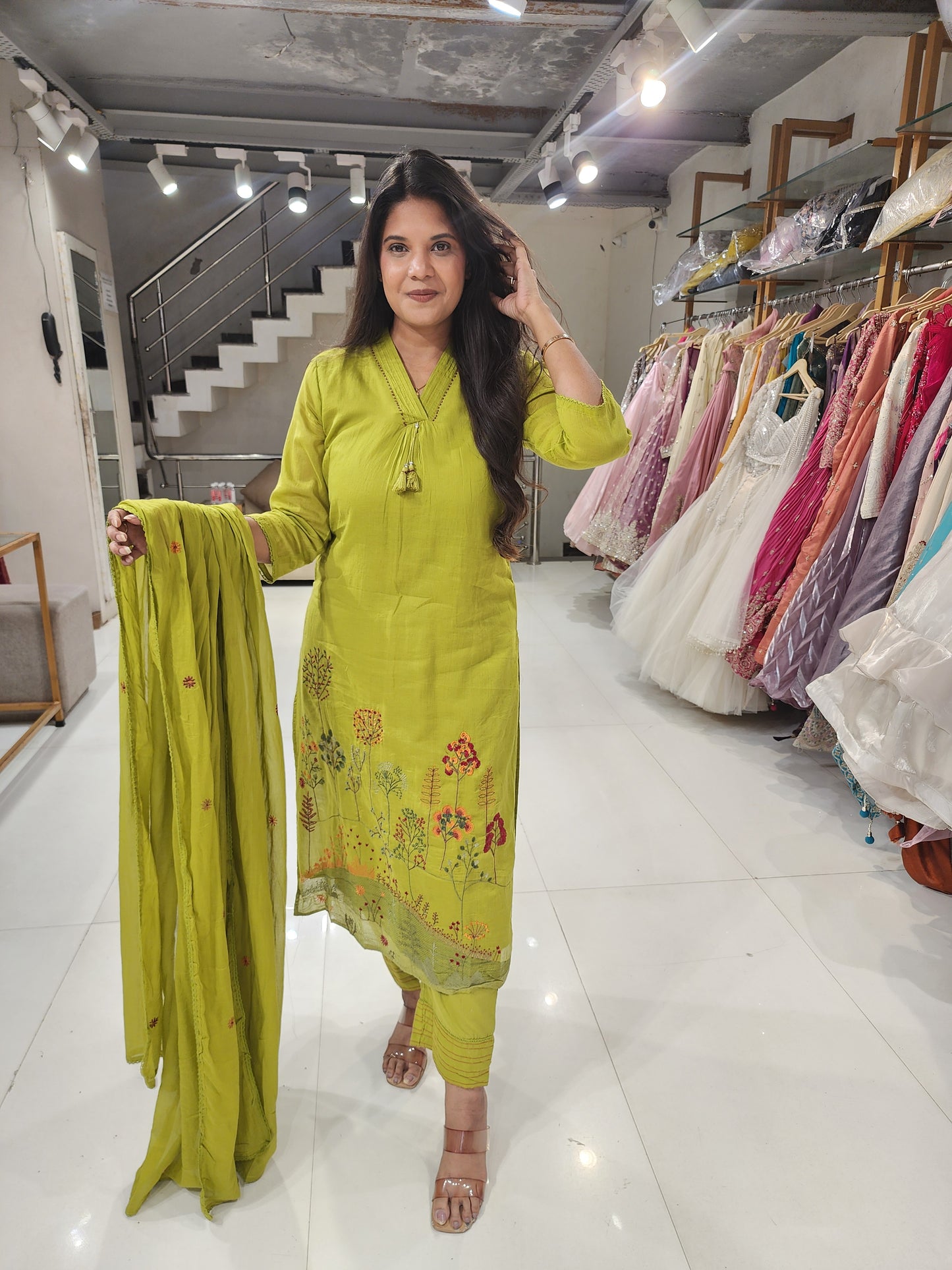 Mull cotton embroided straight cut suit