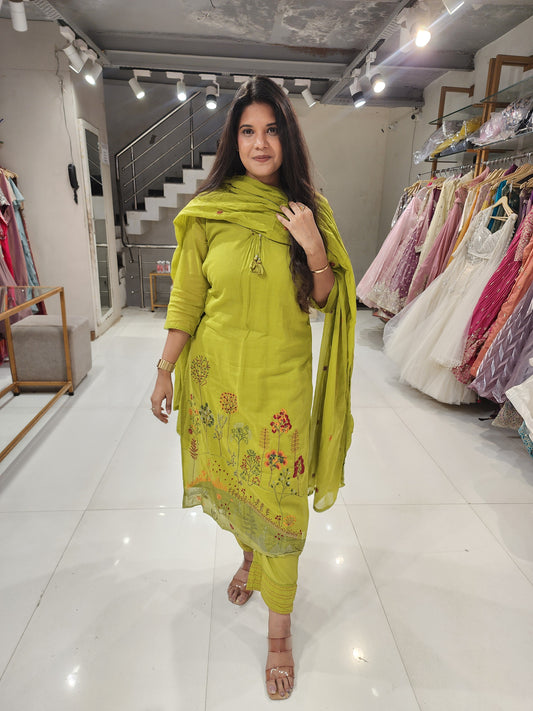 Mull cotton embroided straight cut suit