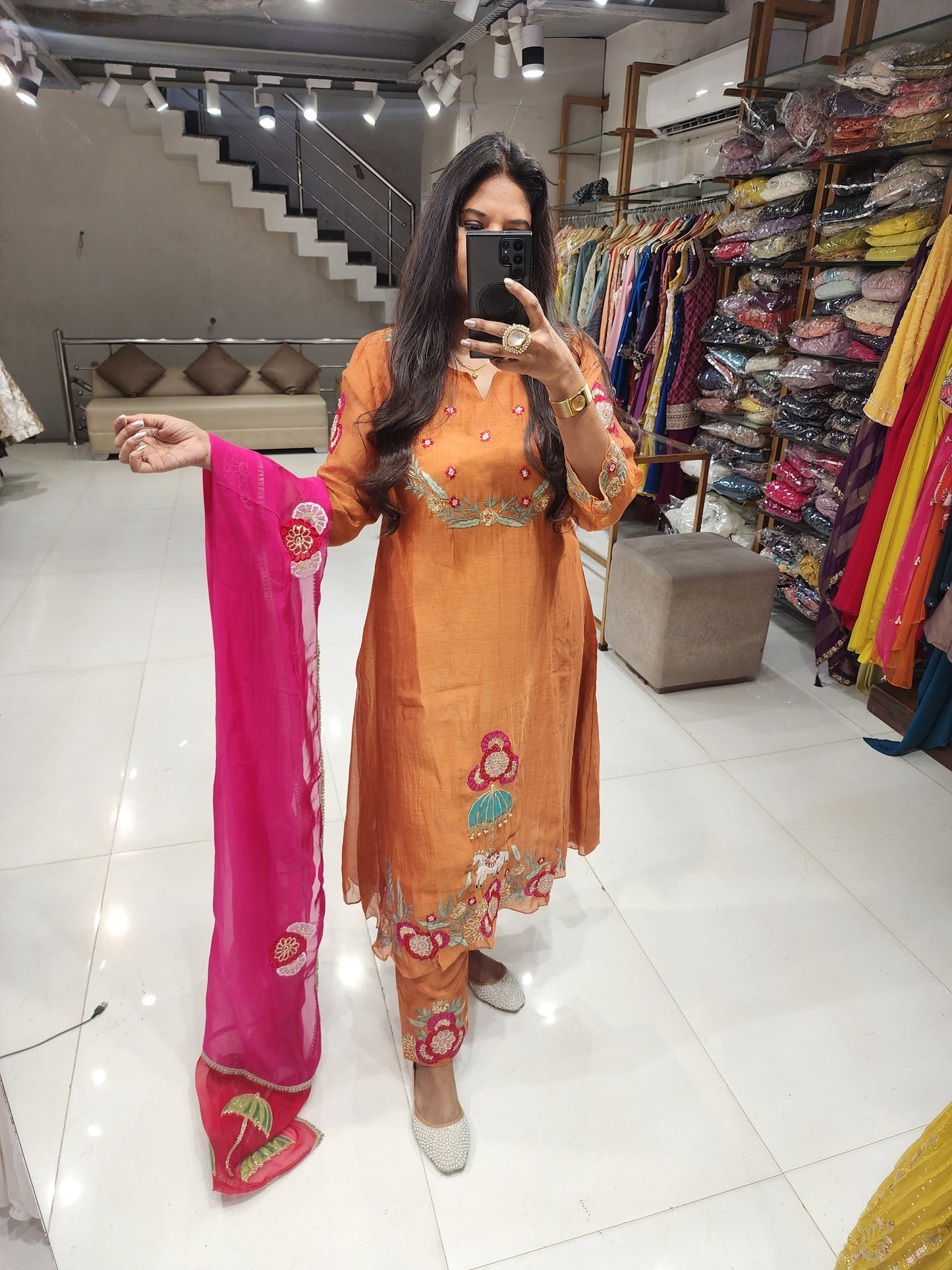 A line mull chanderi elephant suit