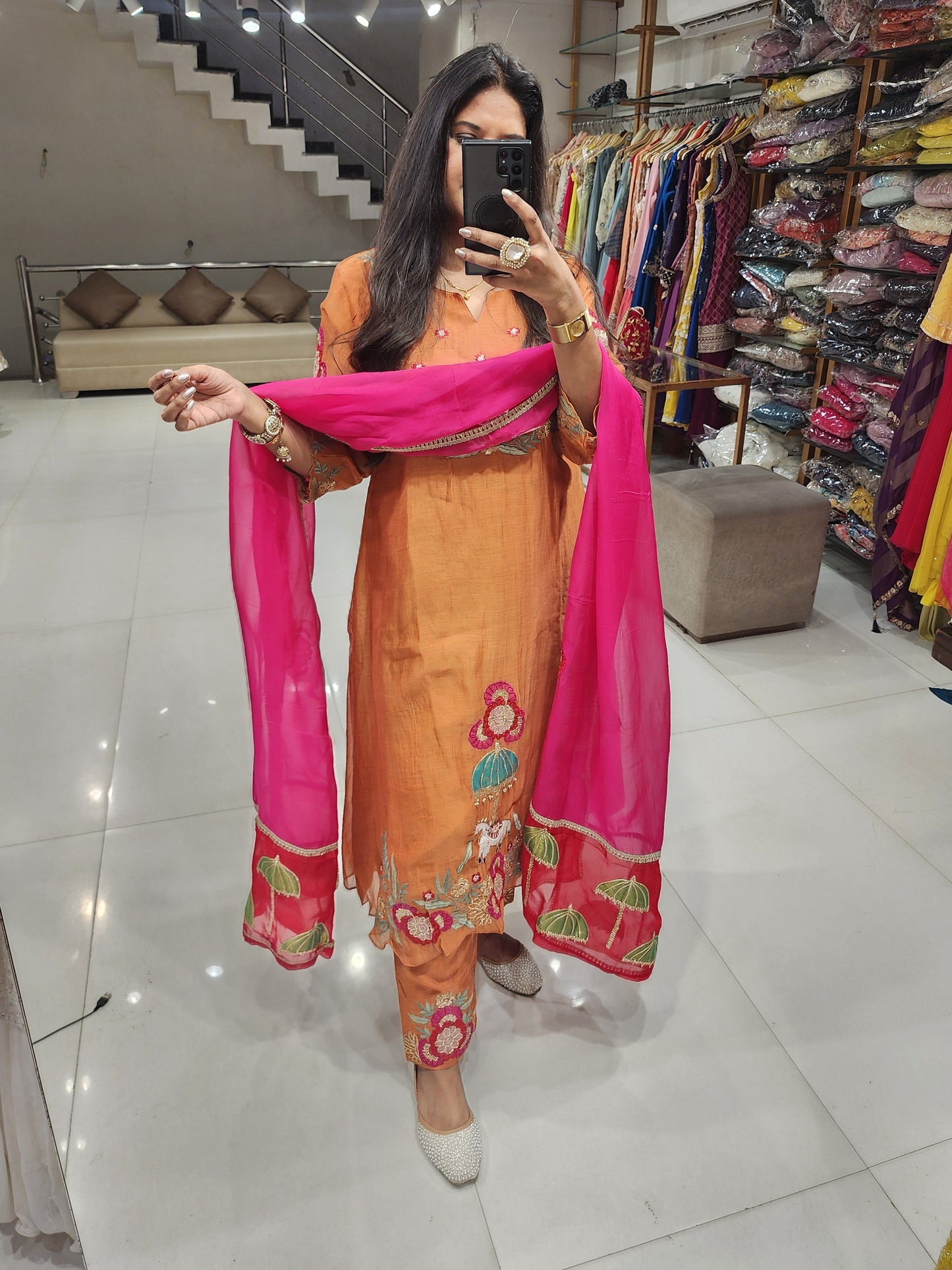 A line mull chanderi elephant suit