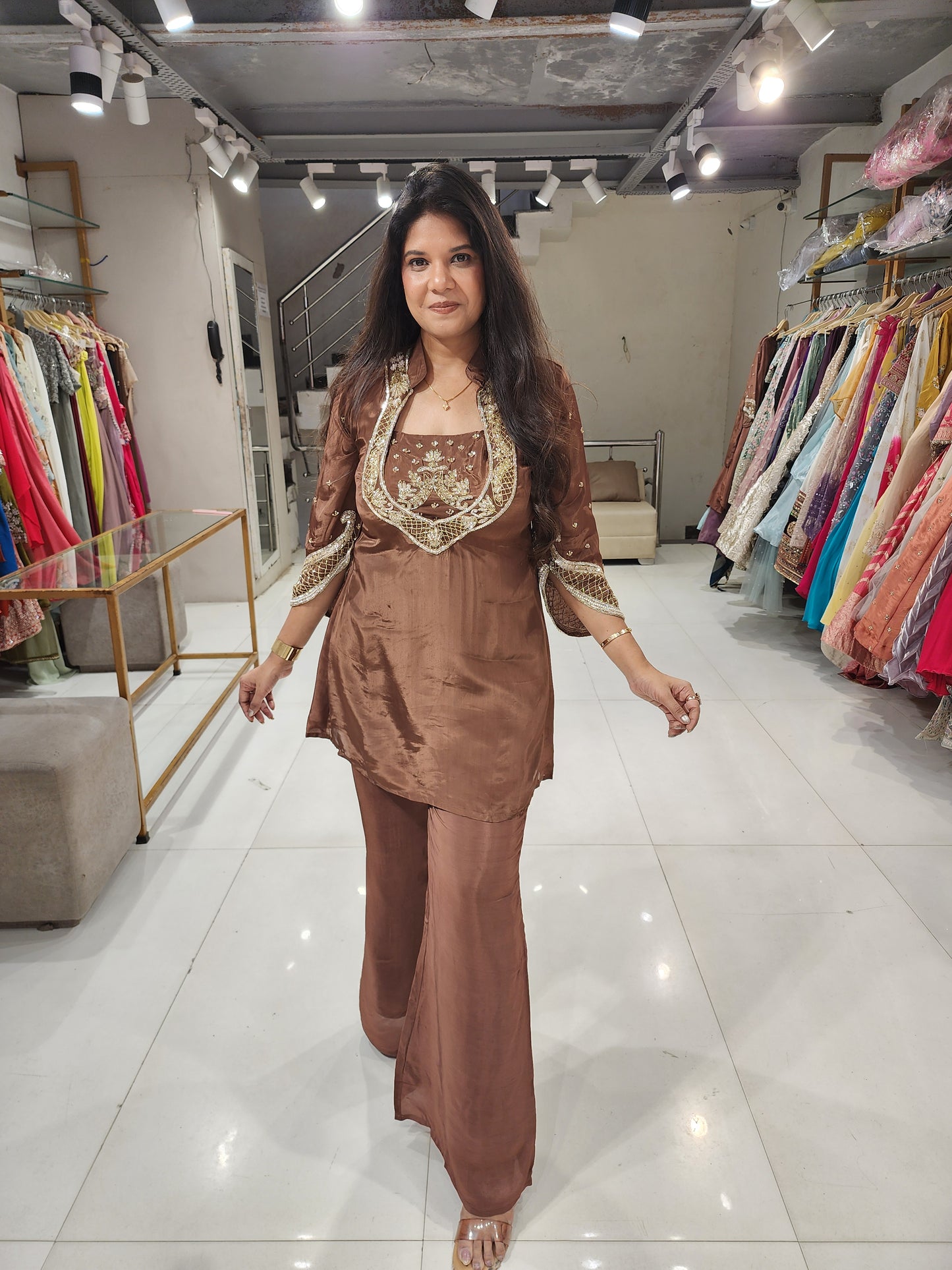 Brown bustier embellished co-ord set