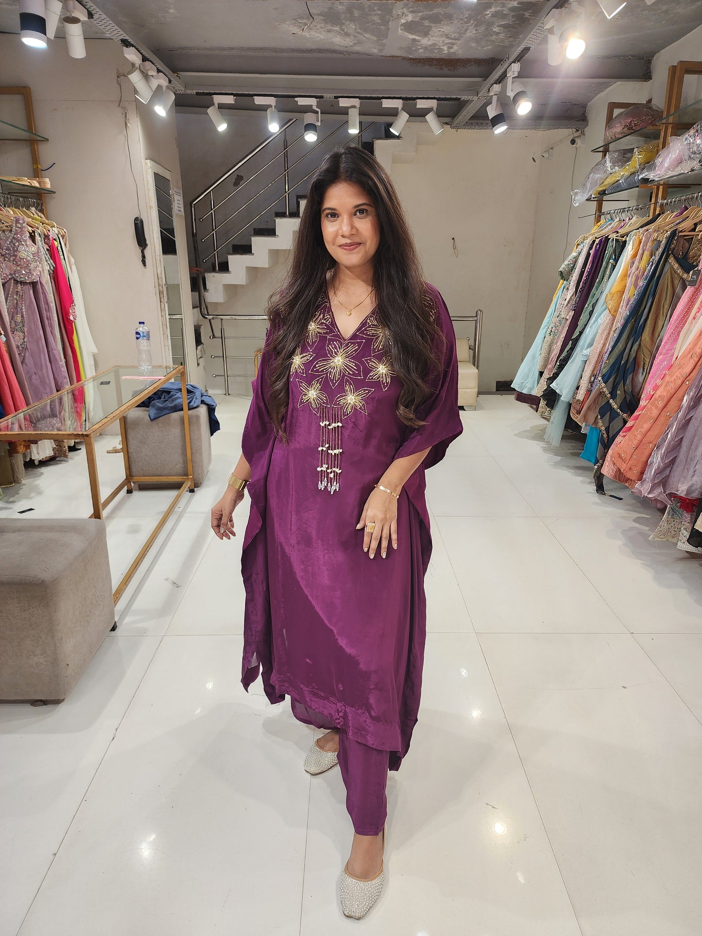 Wine flower embellished kaftaan set