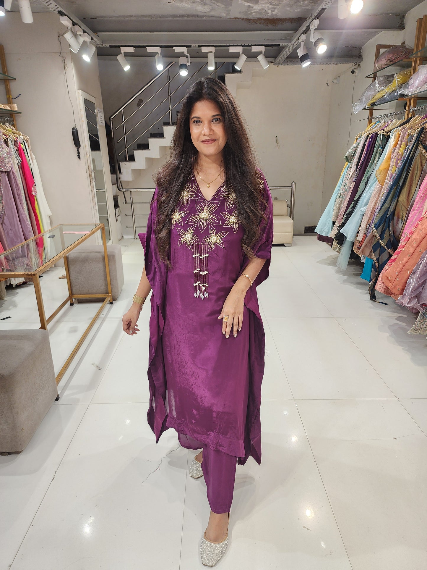 Wine flower embellished kaftaan set