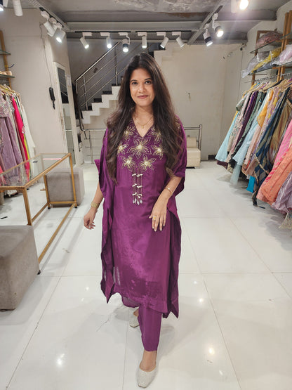 Wine flower embellished kaftaan set