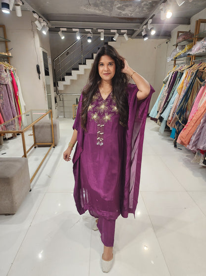 Wine flower embellished kaftaan set