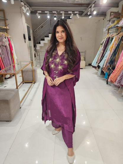 Wine flower embellished kaftaan set