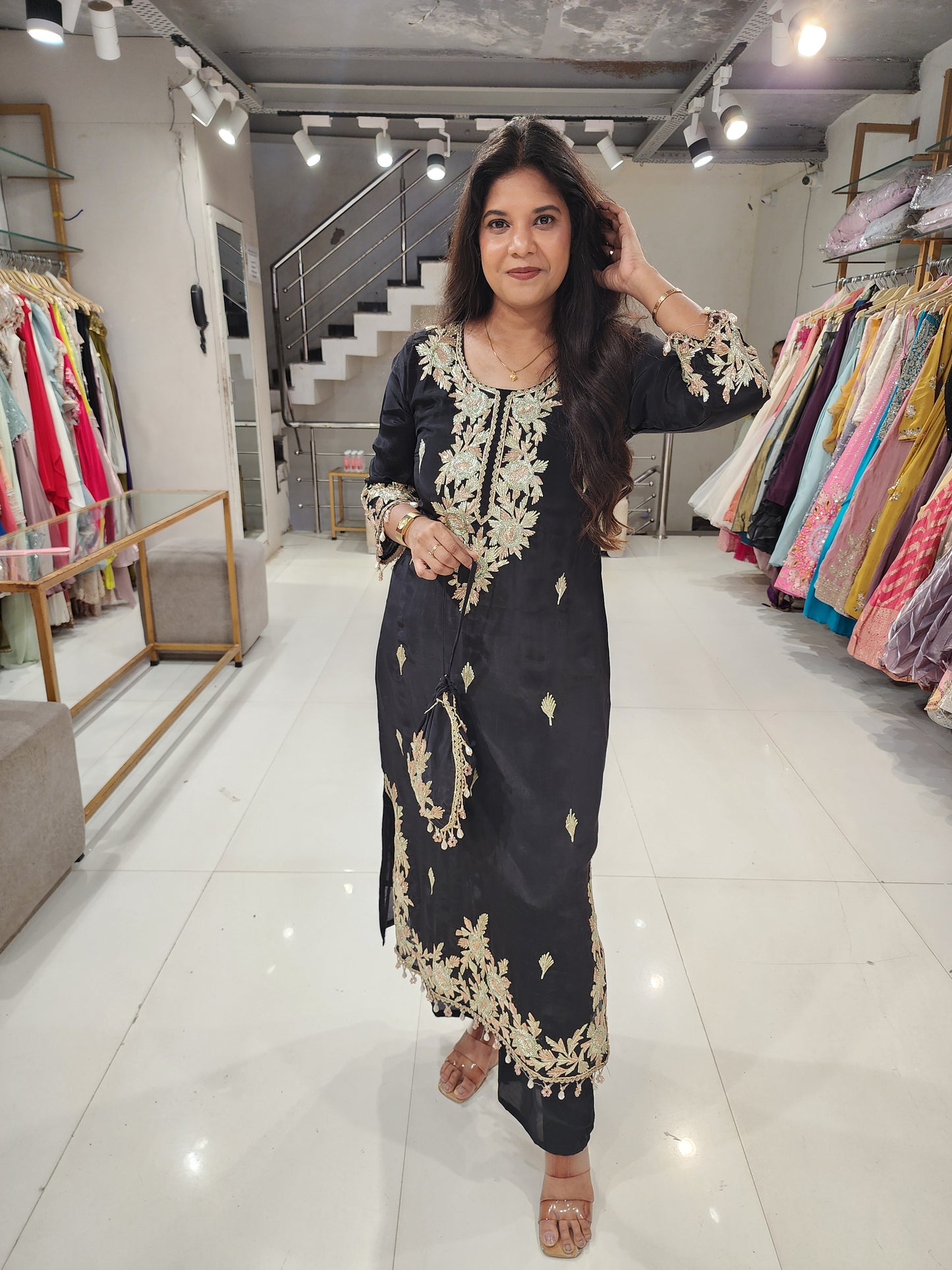 Black crepe side cut gotapatti dress