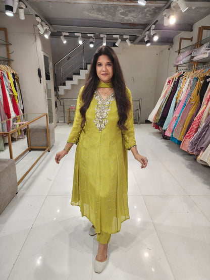 Lime green chinon anarkali suit
