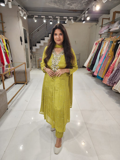 Lime green chinon anarkali suit