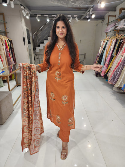 Straight cotton suit with printed dupatta