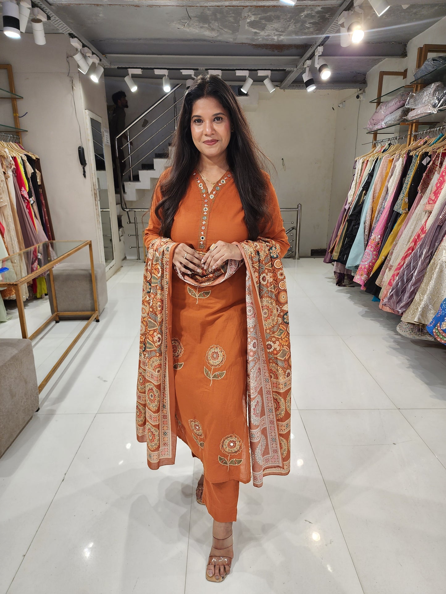 Straight cotton suit with printed dupatta