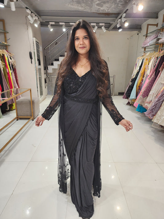 Black drape long jacket saree