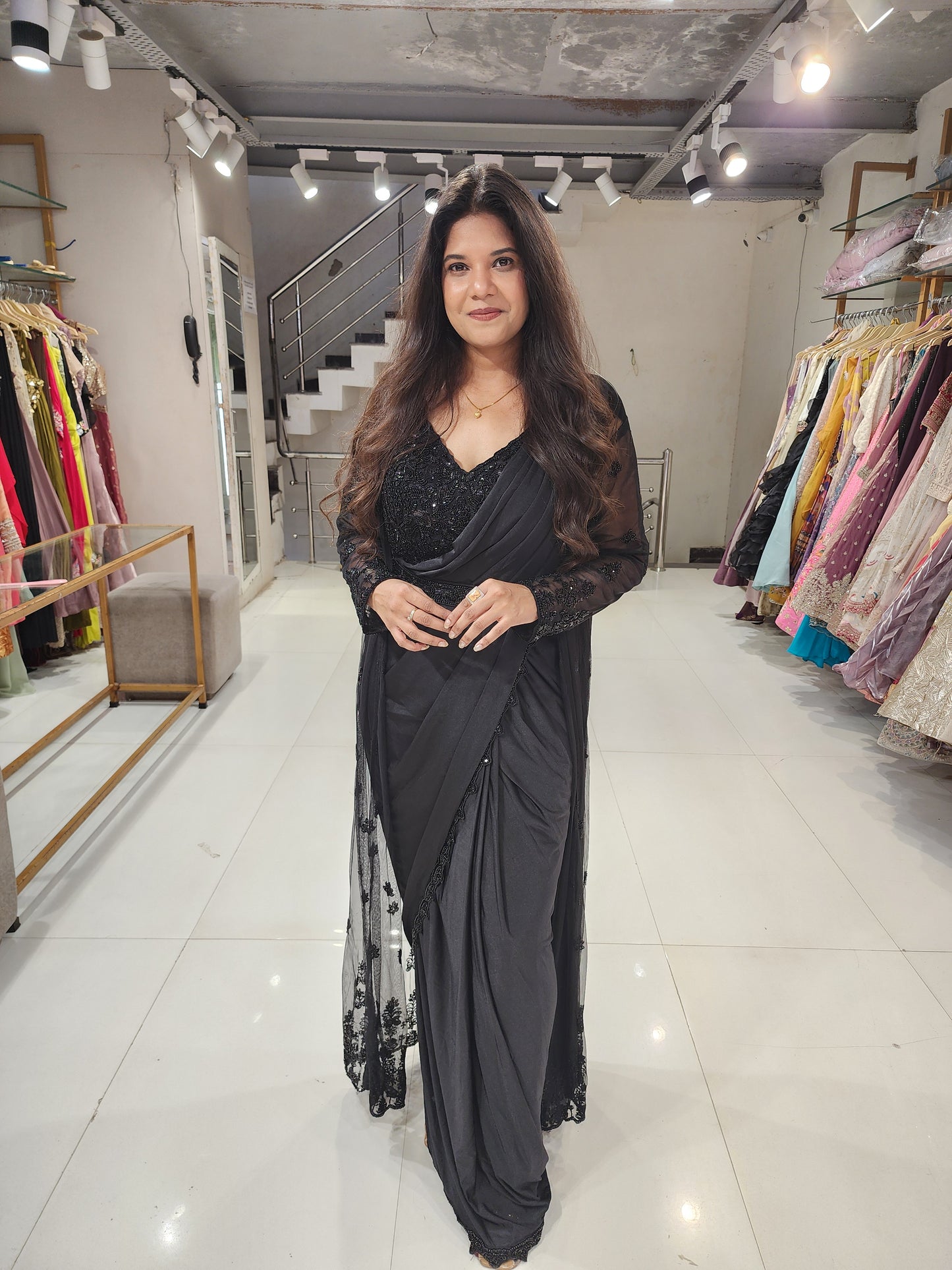 Black drape long jacket saree