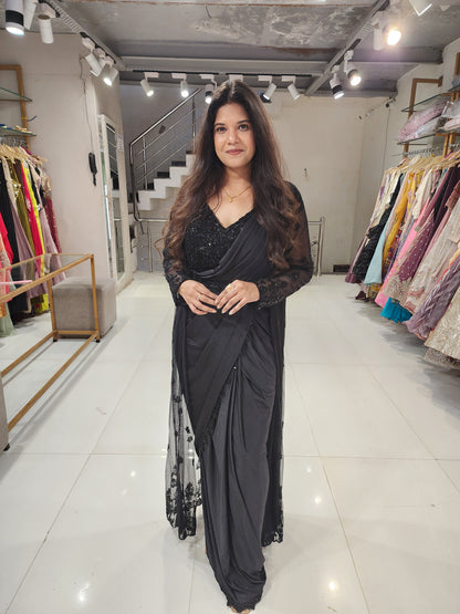 Black drape long jacket saree
