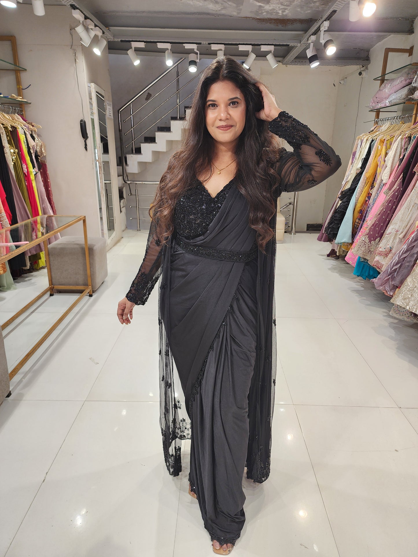 Black drape long jacket saree