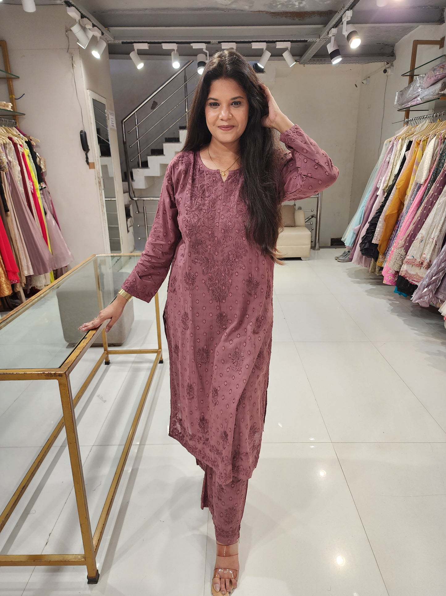 Chikankari straight mull cotton suit