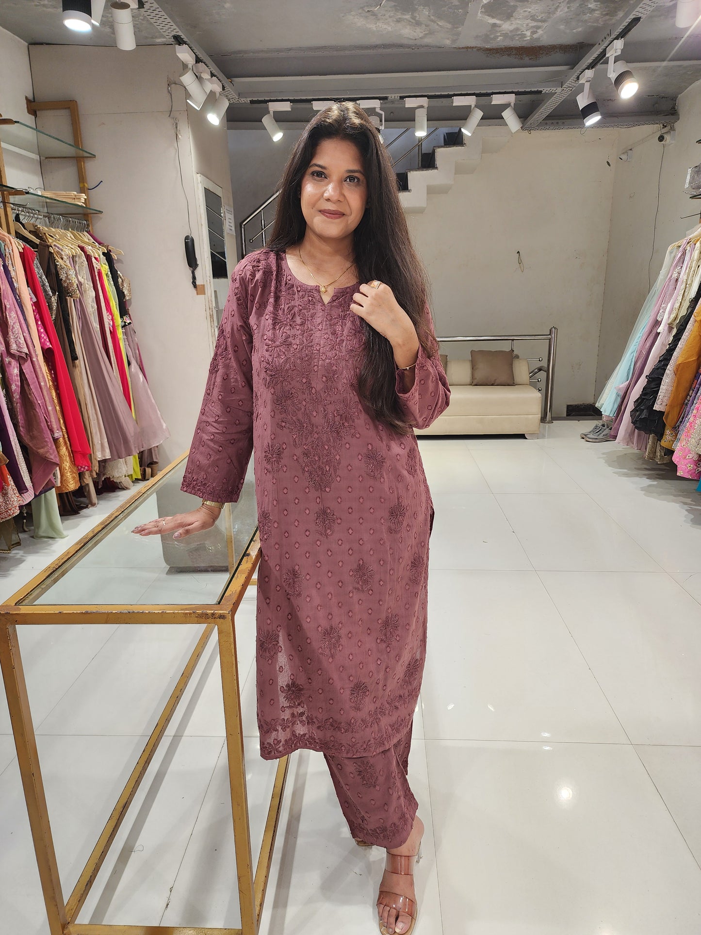 Chikankari straight mull cotton suit