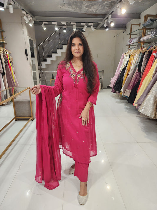 A line embroided mull cotton suit