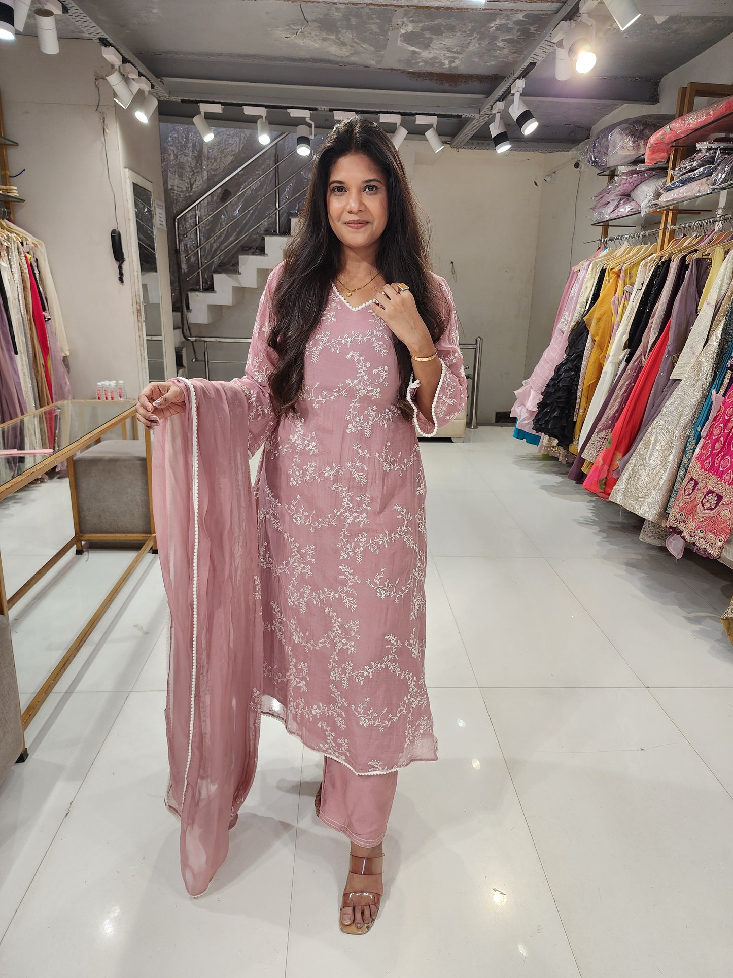 A line mull embroided suit