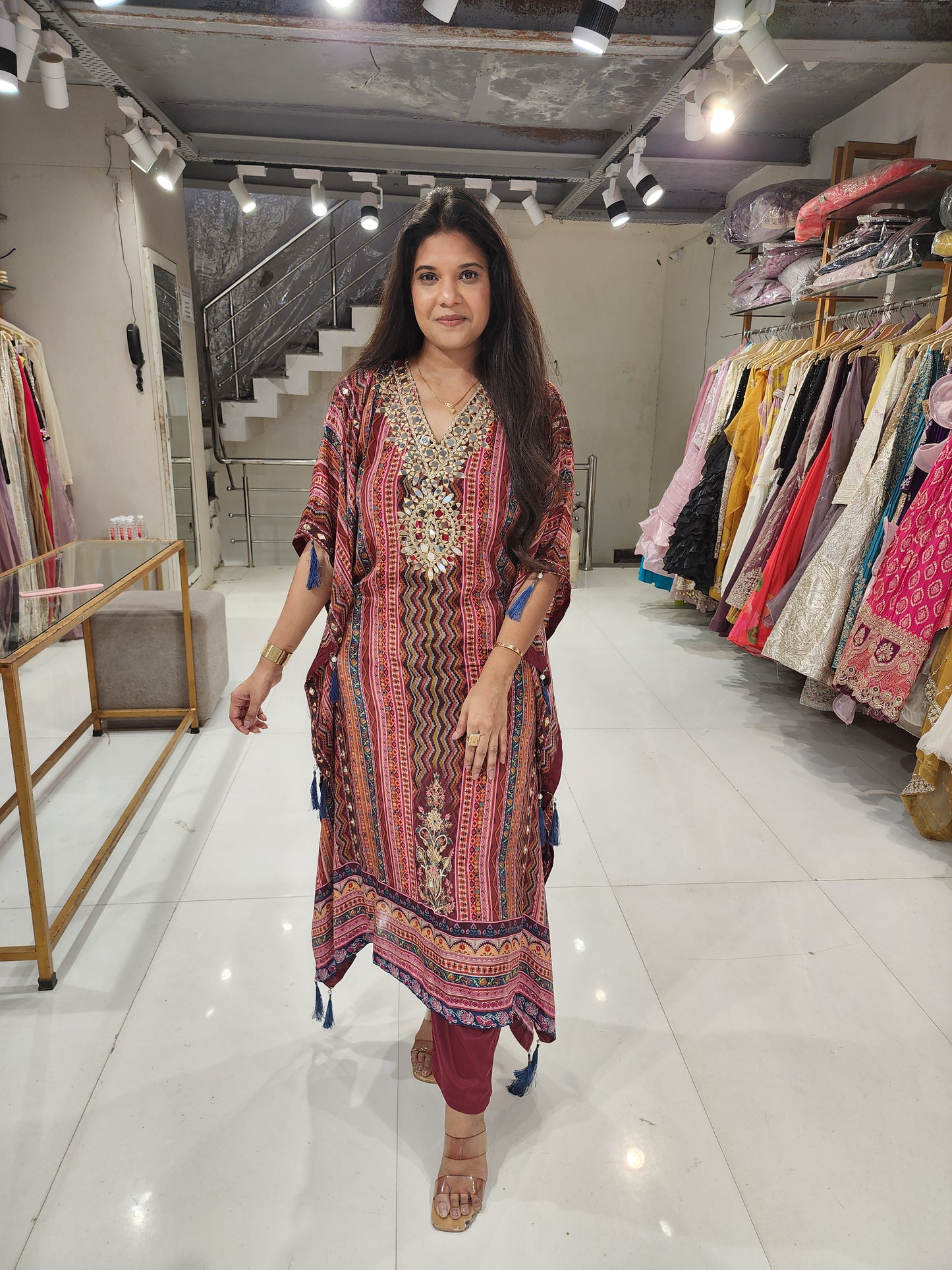 Crepe mirror work kaftaan set
