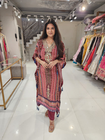 Crepe mirror work kaftaan set
