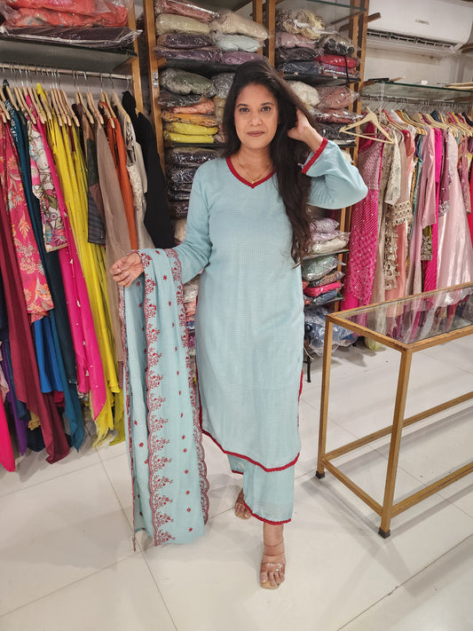 Mull cotton straight cut suit with embroided dupatta