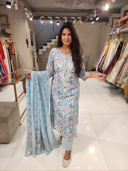 Embroided mull cotton suit