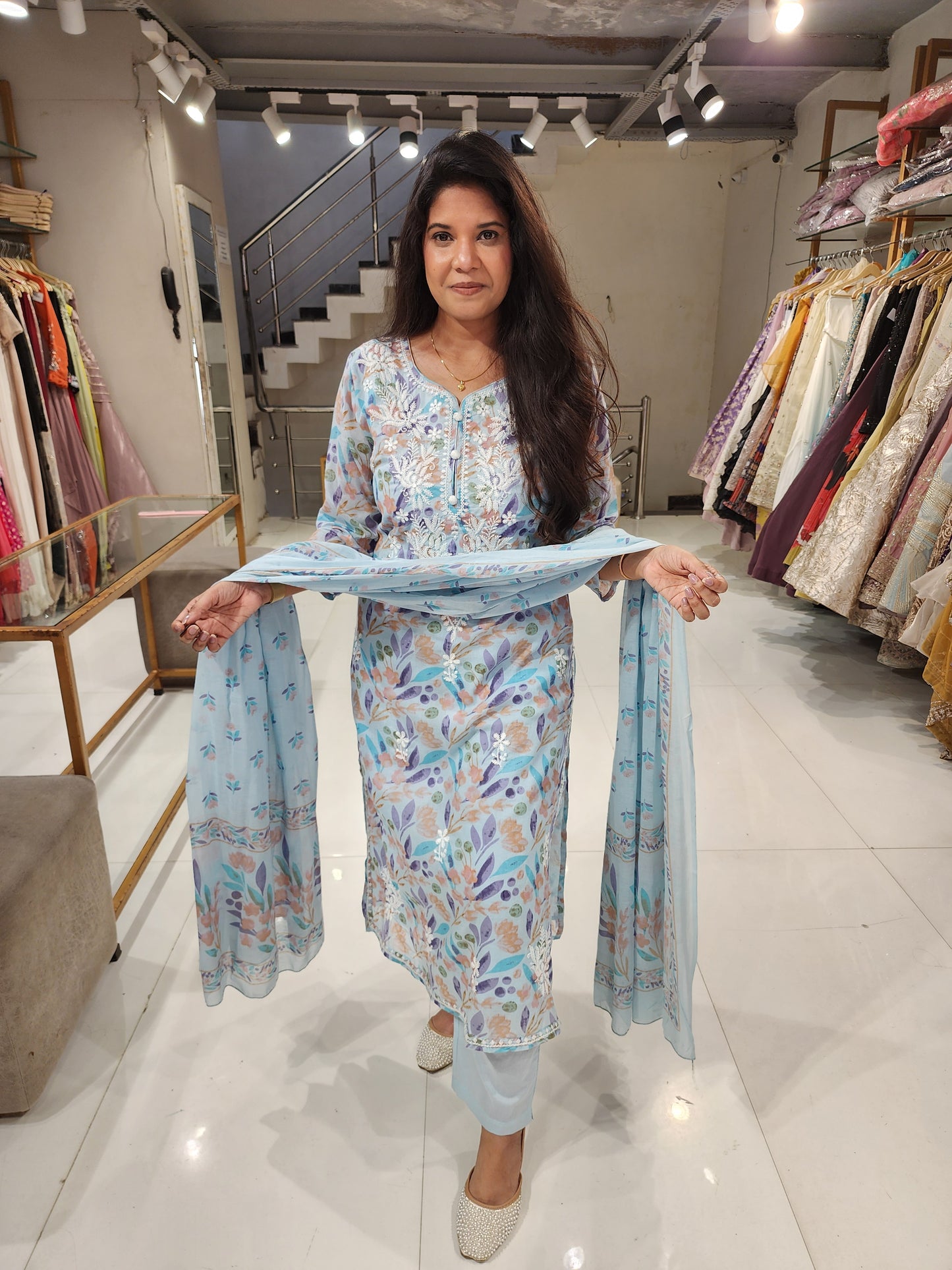 Embroided mull cotton suit
