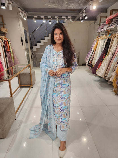Embroided mull cotton suit