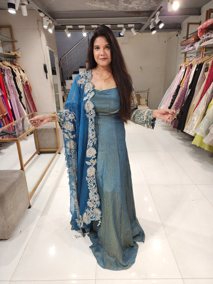 Blue kodi work embroided tissue suit