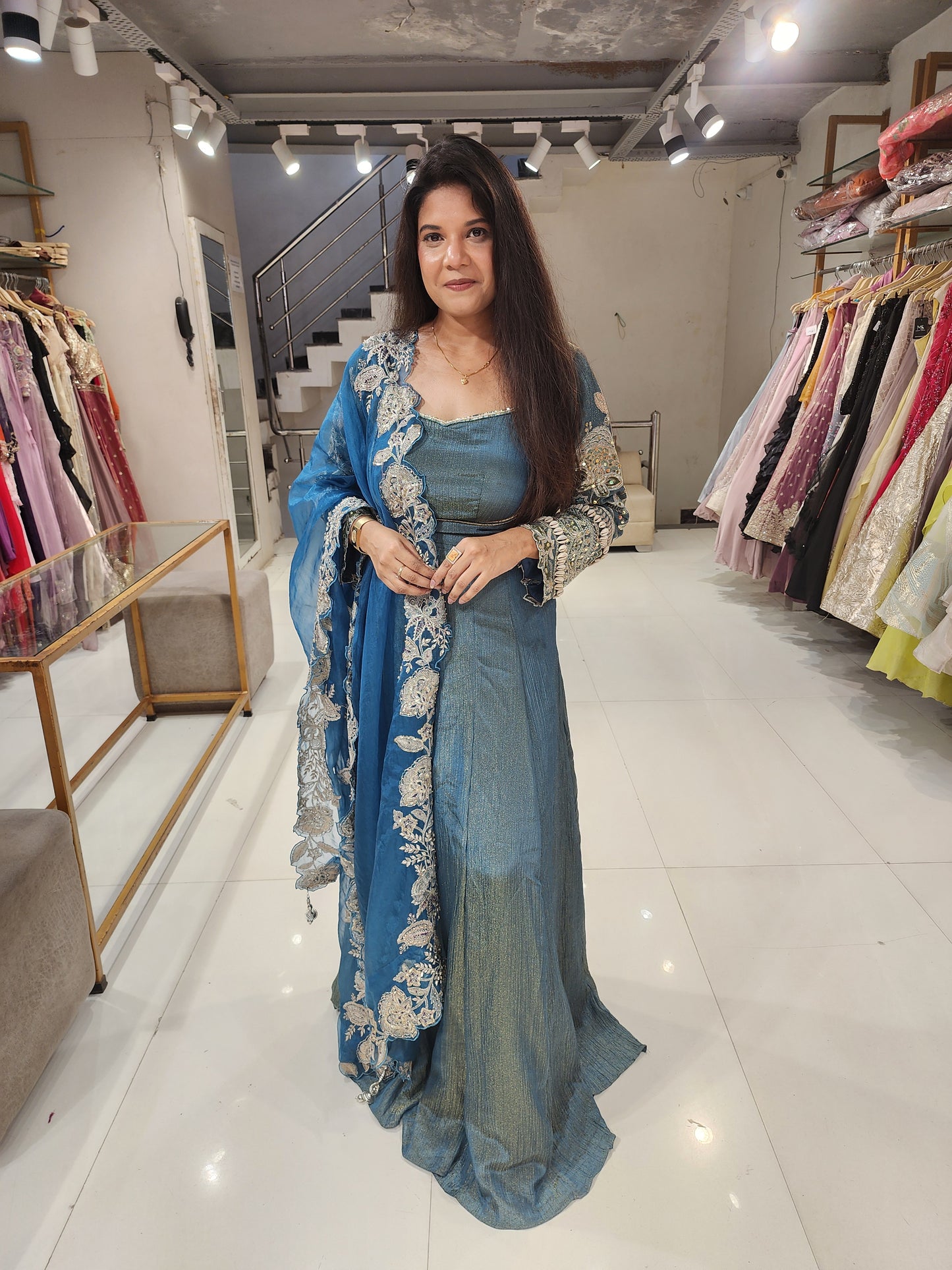 Blue kodi work embroided tissue suit