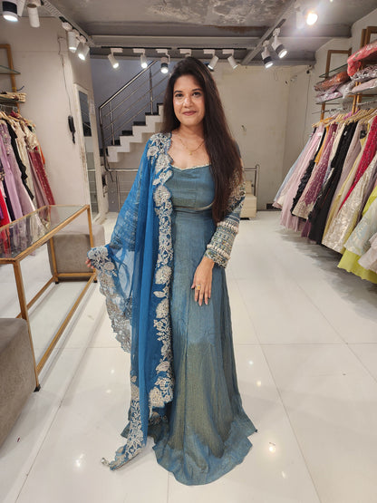 Blue kodi work embroided tissue suit