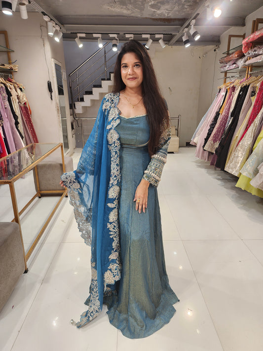Blue kodi work embroided tissue suit