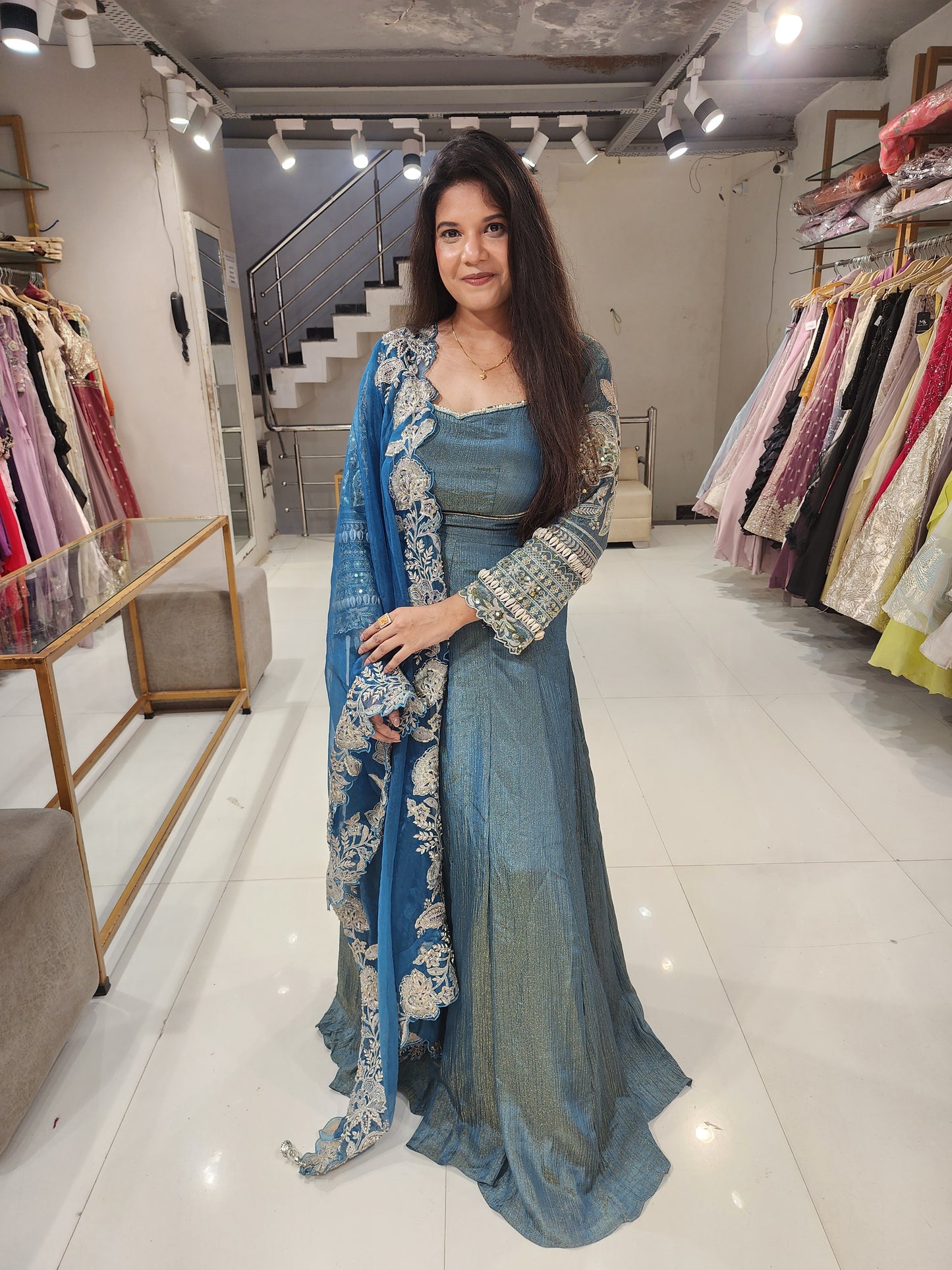 Blue kodi work embroided tissue suit