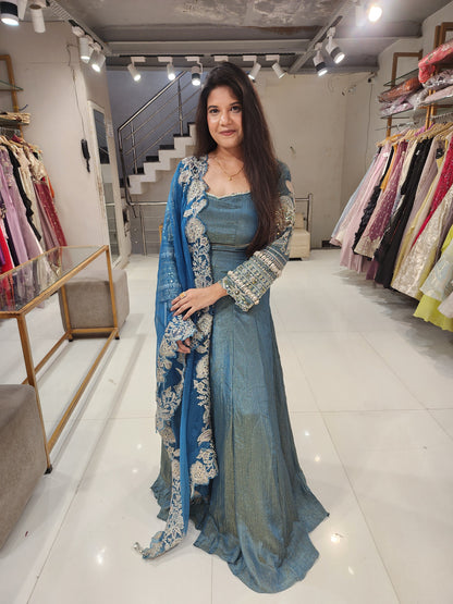 Blue kodi work embroided tissue suit