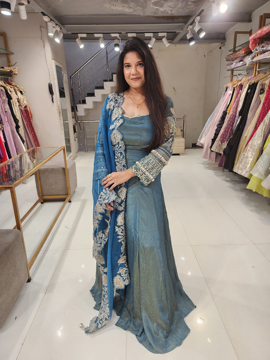 Blue kodi work embroided tissue suit