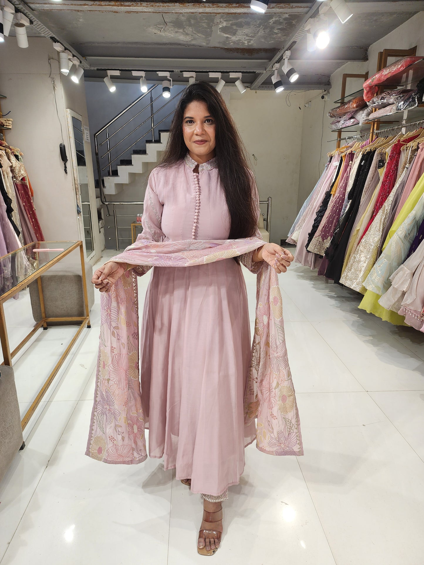 Pink anarkali suit with thread embroidery dupatta