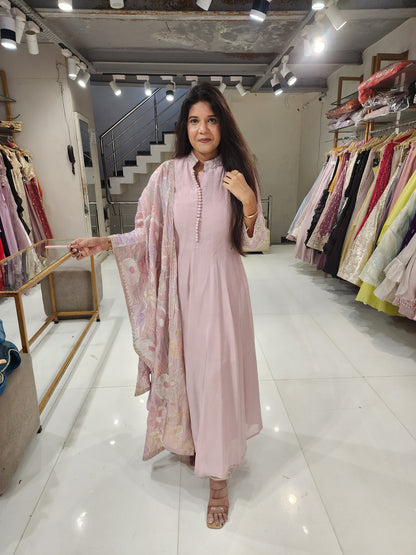 Pink anarkali suit with thread embroidery dupatta