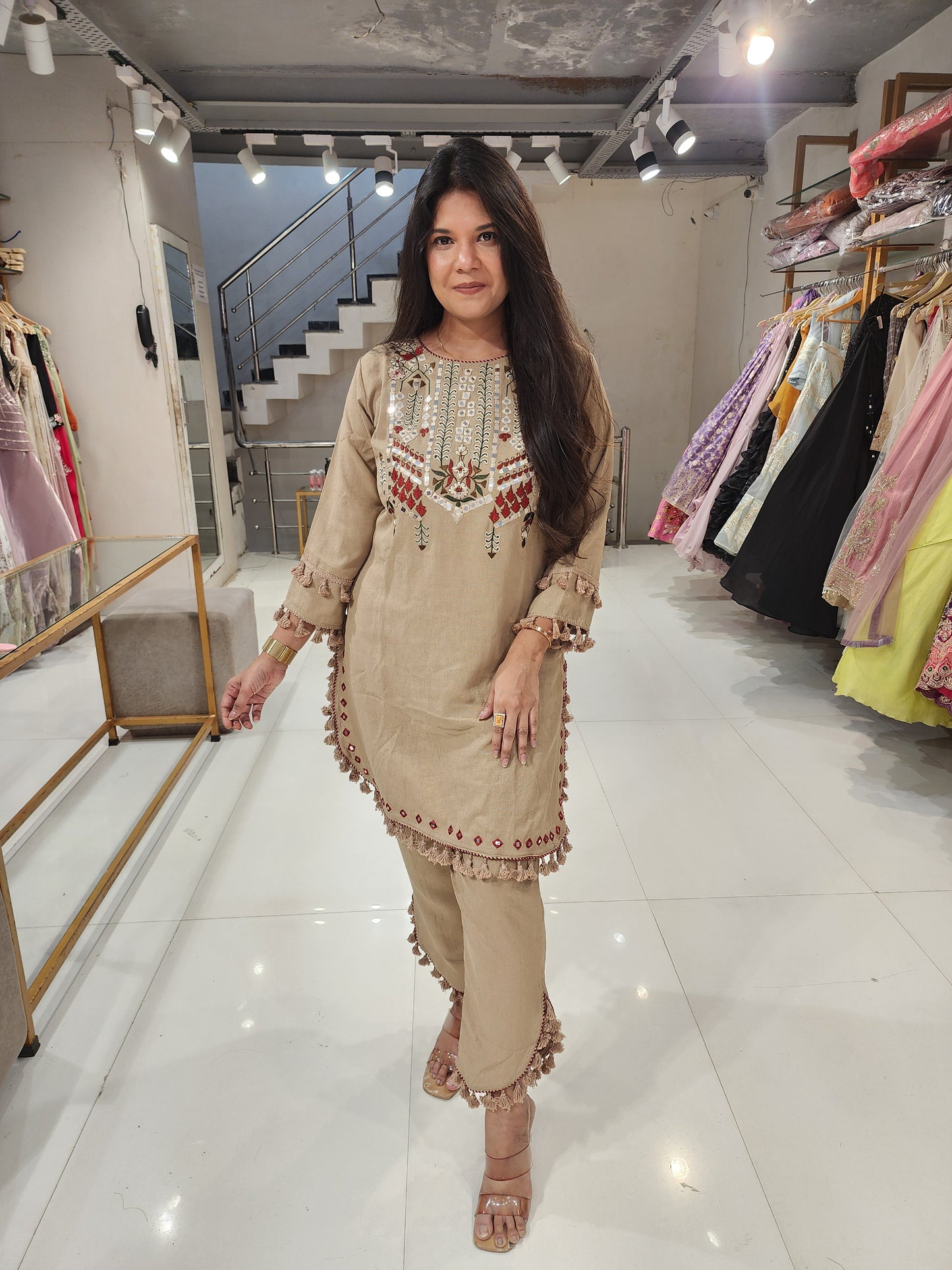 Brown tassels side cut pant co-ord