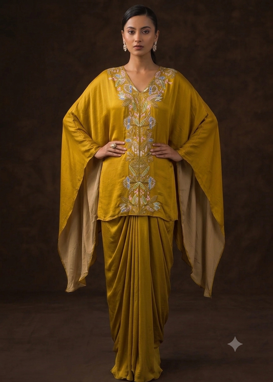 Satin silk cowl cape indowestern dress