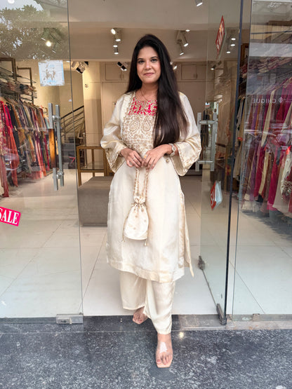 Off white embelished co-ord set with potli