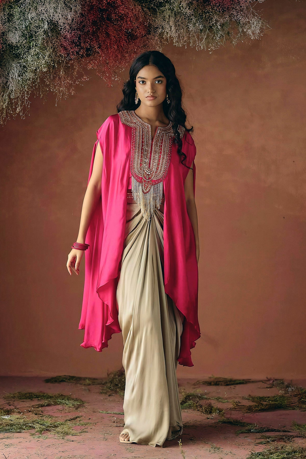 Zamara Satin silk embellished cowl cape dress