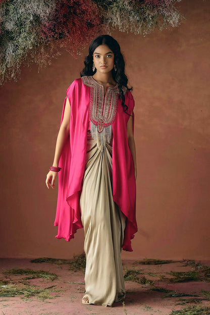 Zamara Satin silk embellished cowl cape dress