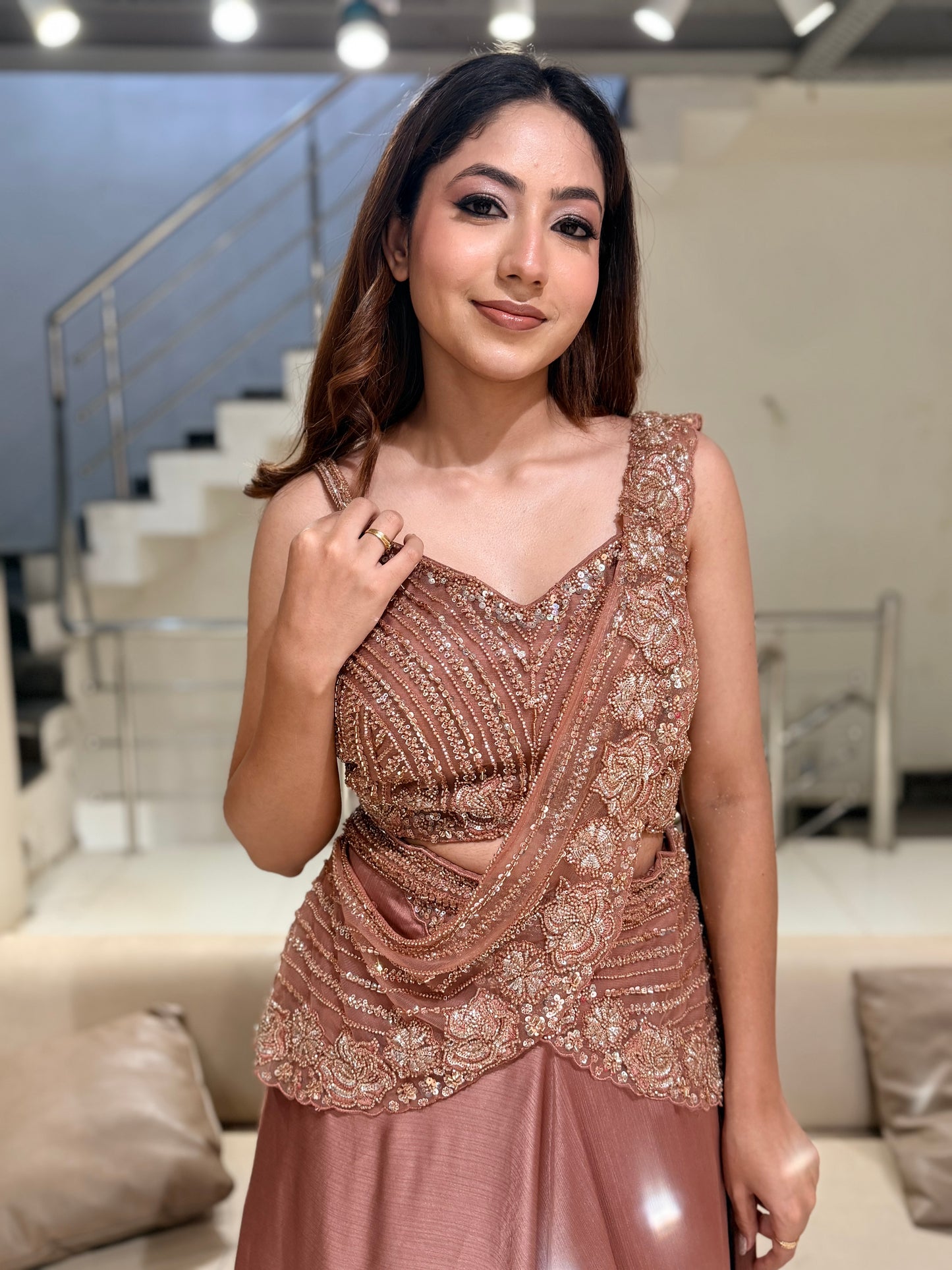 Rust brown drape lehenga set