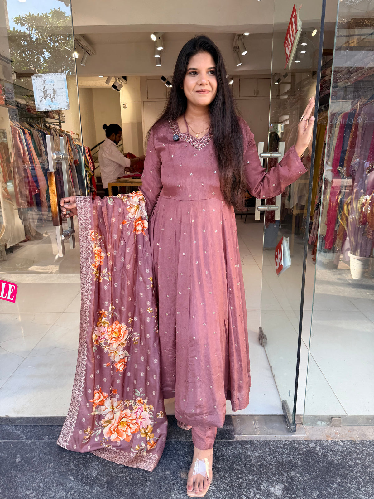 Chinon anarkali with banarasi dupatta